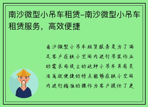 南沙微型小吊车租赁-南沙微型小吊车租赁服务，高效便捷